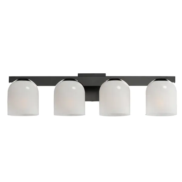 Cut-out metalwork curves around modern bell-shaped glass shades. The series includes pendants and bath vanities available in either Clear or a swirling Marble glass. Available in various complementary finishes: Polished Chrome, Matte Black, or Natural Aged Brass these fixtures make a delightful addition to bathroom spaces, bedrooms, or over a kitchen island. Collection: Scoop Finish: Black Glass: Marble Width: 29.50" Height: 8.00" Weight: 8.80 lb Extension from Wall: 7.00" Wire: 6" Canopy: 5"x5" Number of Bulbs: 4 Maximum Wattage: 6.00 W Bulb Type: E26 Bulb Base: E26 Medium Light Source: LED Dimmable Voltage: 120.00 V Material: Steel, Glass Safety Listing: cULus Safety Rating: Damp LED Manufacturer Warranty: 3 Spec Sheet Instructions