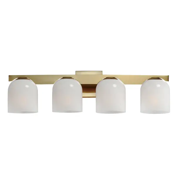 Cut-out metalwork curves around modern bell-shaped glass shades. The series includes pendants and bath vanities available in either Clear or a swirling Marble glass. Available in various complementary finishes: Polished Chrome, Matte Black, or Natural Aged Brass these fixtures make a delightful addition to bathroom spaces, bedrooms, or over a kitchen island. Collection: Scoop Finish: Natural Aged Brass Glass: Marble Width: 29.50" Height: 8.00" Weight: 8.80 lb Extension from Wall: 7.00" Wire: 6" Canopy: 5"x5" Number of Bulbs: 4 Maximum Wattage: 6.00 W Bulb Type: E26 Bulb Base: E26 Medium Light Source: LED Dimmable Voltage: 120.00 V Material: Steel, Glass Safety Listing: cULus Safety Rating: Damp LED Spec Sheet Instructions