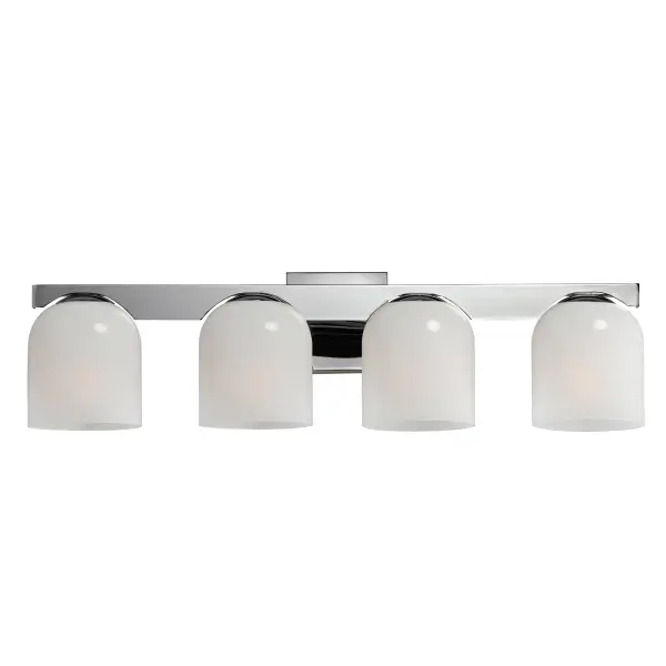 Cut-out metalwork curves around modern bell-shaped glass shades. The series includes pendants and bath vanities available in either Clear or a swirling Marble glass. Available in various complementary finishes: Polished Chrome, Matte Black, or Natural Aged Brass these fixtures make a delightful addition to bathroom spaces, bedrooms, or over a kitchen island. Collection: Scoop Finish: Polished Chrome Glass: Marble Width: 29.50" Height: 8.00" Weight: 8.80 lb Extension from Wall: 7.00" Wire: 6" Canopy: 5"x5" Number of Bulbs: 4 Maximum Wattage: 6.00 W Bulb Type: E26 Bulb Base: E26 Medium Light Source: LED Dimmable Voltage: 120.00 V Material: Steel, Glass Safety Listing: cULus Safety Rating: Damp LED Spec Sheet Instructions