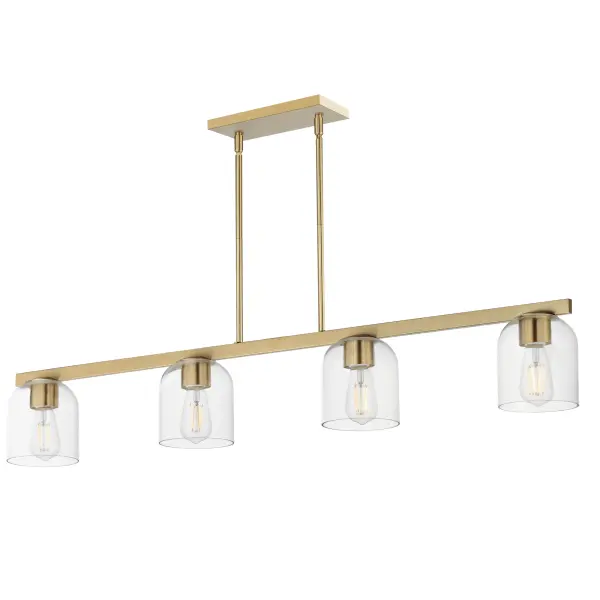 Cut-out metalwork curves around modern bell-shaped glass shades. The series includes pendants and bath vanities available in either Clear or a swirling Marble glass. Available in various complementary finishes: Polished Chrome, Matte Black, or Natural Aged Brass these fixtures make a delightful addition to bathroom spaces, bedrooms, or over a kitchen island. Collection: Scoop Finish: Natural Aged Brass Glass: Clear Width: 5.25" Height: 6.75" Length: 46.00" Weight: 9.70 lb Wire: 120" Canopy: 10.25"x4.75"x0.75" Number of Bulbs: 4 Maximum Wattage: 60.00 W Bulb Type: A19 Bulb Base: E26 Medium Light Source: Incandescent Dimmable Voltage: 120.00 V Material: Steel, Glass Safety Listing: cULus Safety Rating: Dry Manufacturer Warranty: 3 Spec Sheet Instructions