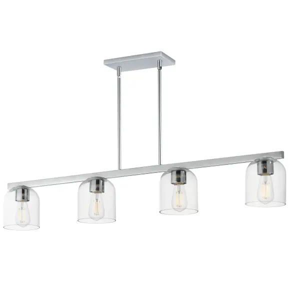 Cut-out metalwork curves around modern bell-shaped glass shades. The series includes pendants and bath vanities available in either Clear or a swirling Marble glass. Available in various complementary finishes: Polished Chrome, Matte Black, or Natural Aged Brass these fixtures make a delightful addition to bathroom spaces, bedrooms, or over a kitchen island. Collection: Scoop Finish: Polished Chrome Glass: Clear Width: 5.25" Height: 6.75" Length: 46.00" Weight: 9.70 lb Wire: 120" Canopy: 10.25"x4.75"x0.75" Number of Bulbs: 4 Maximum Wattage: 60.00 W Bulb Type: A19 Bulb Base: E26 Medium Light Source: Incandescent Dimmable Voltage: 120.00 V Material: Steel, Glass Safety Listing: cULus Safety Rating: Dry Manufacturer Warranty: 3 Spec Sheet Instructions