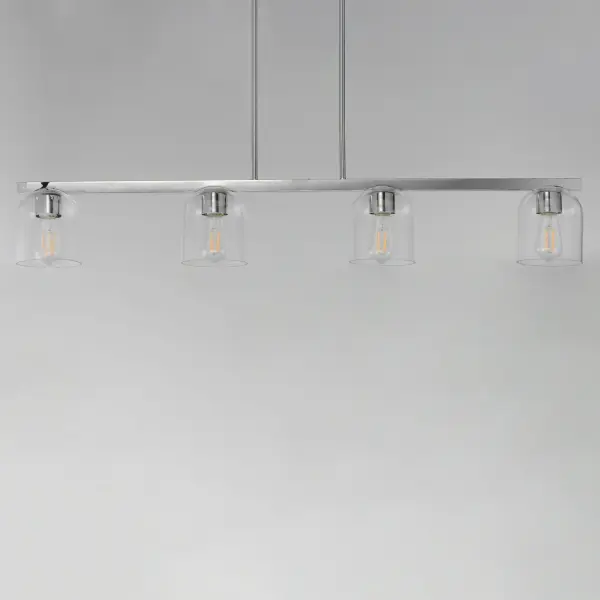 Cut-out metalwork curves around modern bell-shaped glass shades. The series includes pendants and bath vanities available in either Clear or a swirling Marble glass. Available in various complementary finishes: Polished Chrome, Matte Black, or Natural Aged Brass these fixtures make a delightful addition to bathroom spaces, bedrooms, or over a kitchen island. Collection: Scoop Finish: Polished Chrome Glass: Clear Width: 5.25" Height: 6.75" Length: 46.00" Weight: 9.70 lb Wire: 120" Canopy: 10.25"x4.75"x0.75" Number of Bulbs: 4 Maximum Wattage: 60.00 W Bulb Type: A19 Bulb Base: E26 Medium Light Source: Incandescent Dimmable Voltage: 120.00 V Material: Steel, Glass Safety Listing: cULus Safety Rating: Dry Manufacturer Warranty: 3 Spec Sheet Instructions - alternate view