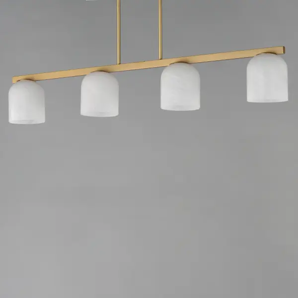 Cut-out metalwork curves around modern bell-shaped glass shades. The series includes pendants and bath vanities available in either Clear or a swirling Marble glass. Available in various complementary finishes: Polished Chrome, Matte Black, or Natural Aged Brass these fixtures make a delightful addition to bathroom spaces, bedrooms, or over a kitchen island. Collection: Scoop Finish: Natural Aged Brass Glass: Marble Width: 5.25" Height: 6.75" Length: 46.00" Weight: 9.70 lb Wire: 120" Canopy: 10.25"x4.75"x0.75" Number of Bulbs: 4 Maximum Wattage: 60.00 W Bulb Type: A19 Bulb Base: E26 Medium Light Source: Incandescent Dimmable Voltage: 120.00 V Material: Steel, Glass Safety Listing: cULus Safety Rating: Dry Manufacturer Warranty: 3 Spec Sheet Instructions - alternate view