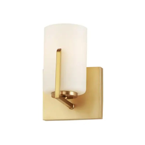 Inspired by the Modernist architect Edward Dart, this collection features straight line frames finished in Satin Brass, Satin Nickel, or Matte Black that support Satin White glass cylinders for a clean and modern look. The frames' ends turn up before the glass in sharp mitered angles emphasizing a minimalist geometry popular in Modernist work. Collection: Dart Finish: Satin Brass Glass: Satin White Width: 5.50" Height: 7.75" Weight: 1.36 lb Extension from Wall: 5.75" Wire: 8" Canopy: 4.75"x5.5" Number of Bulbs: 1 Maximum Wattage: 60.00 W Bulb Type: A19 Bulb Base: E26 Medium Light Source: Incandescent Dimmable Voltage: 120.00 V Material: Steel, Glass Safety Listing: cETLus Safety Rating: Damp Manufacturer Warranty: 3 Spec Sheet Instructions Parts Diagram