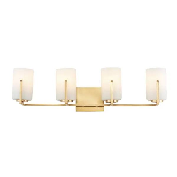 Inspired by the Modernist architect Edward Dart, this collection features straight line frames finished in Satin Brass, Satin Nickel, or Matte Black that support Satin White glass cylinders for a clean and modern look. The frames' ends turn up before the glass in sharp mitered angles emphasizing a minimalist geometry popular in Modernist work. Collection: Dart Finish: Satin Brass Glass: Satin White Width: 29.75" Height: 7.75" Weight: 4.62 lb Extension from Wall: 5.75" Wire: 8" Canopy: 4.75"x5.5" Number of Bulbs: 4 Maximum Wattage: 60.00 W Bulb Type: A19 Bulb Base: E26 Medium Light Source: Incandescent Voltage: 120.00 V Material: Steel, Glass Safety Listing: cETLus Safety Rating: Damp Manufacturer Warranty: 3 Spec Sheet Instructions Parts Diagram