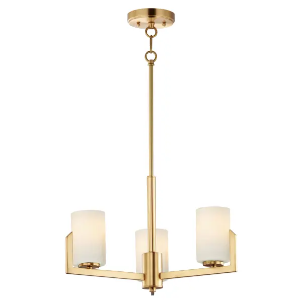 Inspired by the Modernist architect Edward Dart, this collection features straight line frames finished in Satin Brass, Satin Nickel, or Matte Black that support Satin White glass cylinders for a clean and modern look. The frames' ends turn up before the glass in sharp mitered angles emphasizing a minimalist geometry popular in Modernist work. Collection: Dart Finish: Satin Brass Glass: Satin White Width: 22.25" Height: 13.50" Length: 22.25" Weight: 5.69 lb Wire: 120" Canopy: 5"x5"x1" Number of Bulbs: 3 Maximum Wattage: 60.00 W Bulb Type: A19 Bulb Base: E26 Medium Light Source: Incandescent Voltage: 120.00 V Material: Steel, Glass Safety Listing: cETLus Safety Rating: Dry Manufacturer Warranty: 3 Spec Sheet Instructions Parts Diagram