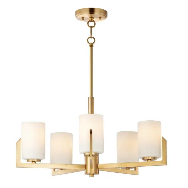 Inspired by the Modernist architect Edward Dart, this collection features straight line frames finished in Satin Brass, Satin Nickel, or Matte Black that support Satin White glass cylinders for a clean and modern look. The frames' ends turn up before the glass in sharp mitered angles emphasizing a minimalist geometry popular in Modernist work. Collection: Dart Finish: Satin Brass Glass: Satin White Width: 26.00" Height: 13.50" Length: 26.00" Weight: 7.72 lb Wire: 120" Canopy: 5"x5"x1" Number of Bulbs: 5 Maximum Wattage: 60.00 W Bulb Type: A19 Bulb Base: E26 Medium Light Source: Incandescent Voltage: 120.00 V Material: Steel, Glass Safety Listing: cETLus Safety Rating: Dry Manufacturer Warranty: 3 Spec Sheet Instructions Parts Diagram
