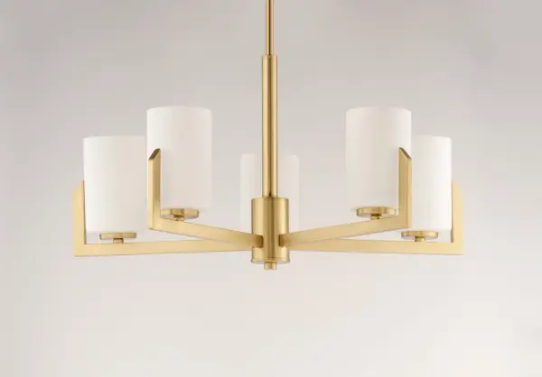 Inspired by the Modernist architect Edward Dart, this collection features straight line frames finished in Satin Brass, Satin Nickel, or Matte Black that support Satin White glass cylinders for a clean and modern look. The frames' ends turn up before the glass in sharp mitered angles emphasizing a minimalist geometry popular in Modernist work. Collection: Dart Finish: Satin Brass Glass: Satin White Width: 26.00" Height: 13.50" Length: 26.00" Weight: 7.72 lb Wire: 120" Canopy: 5"x5"x1" Number of Bulbs: 5 Maximum Wattage: 60.00 W Bulb Type: A19 Bulb Base: E26 Medium Light Source: Incandescent Voltage: 120.00 V Material: Steel, Glass Safety Listing: cETLus Safety Rating: Dry Manufacturer Warranty: 3 Spec Sheet Instructions Parts Diagram - alternate view