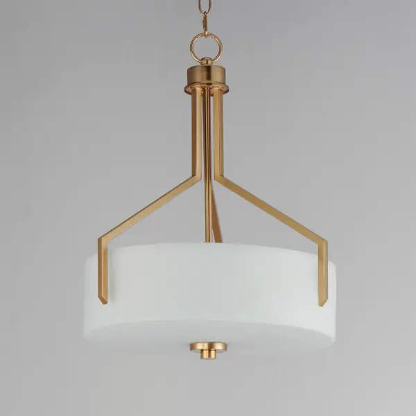 Inspired by the Modernist architect Edward Dart, this collection features straight line frames finished in Satin Brass, Satin Nickel, or Matte Black that support Satin White glass cylinders for a clean and modern look. The frames' ends turn up before the glass in sharp mitered angles emphasizing a minimalist geometry popular in Modernist work. Collection: Dart Finish: Satin Brass Glass: Satin White Width: 16.75" Height: 21.00" Length: 16.75" Weight: 8.60 lb Chain: 36" Wire: 120" Canopy: 5"x5"x1" Number of Bulbs: 3 Maximum Wattage: 60.00 W Bulb Type: E26 Bulb Base: E26 Medium Light Source: Incandescent Dimmable Voltage: 120.00 V Material: Steel, Acrylic, Glass Safety Listing: cETLus Safety Rating: Dry Spec Sheet Instructions - alternate view