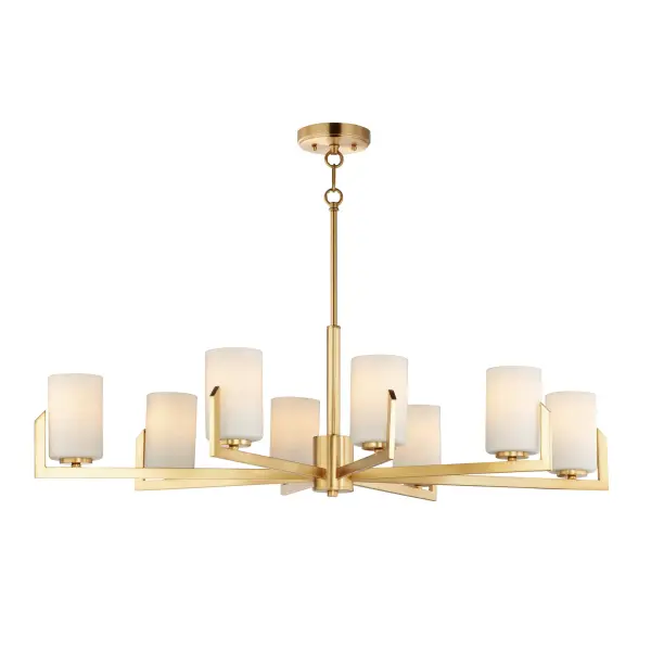Inspired by the Modernist architect Edward Dart, this collection features straight line frames finished in Satin Brass, Satin Nickel, or Matte Black that support Satin White glass cylinders for a clean and modern look. The frames' ends turn up before the glass in sharp mitered angles emphasizing a minimalist geometry popular in Modernist work. Collection: Dart Finish: Satin Brass Glass: Satin White Width: 28.00" Height: 13.50" Length: 44.00" Weight: 8.60 lb Wire: 120" Canopy: 5"x5"x1" Number of Bulbs: 8 Maximum Wattage: 60.00 W Bulb Type: A19 Bulb Base: E26 Medium Light Source: Incandescent Voltage: 120.00 V Material: Steel, Glass Safety Listing: cULus Safety Rating: Dry Manufacturer Warranty: 1 Spec Sheet Instructions Parts Diagram