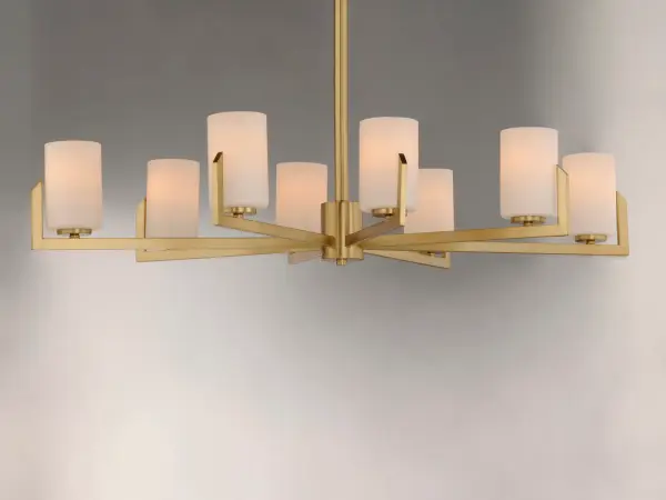 Inspired by the Modernist architect Edward Dart, this collection features straight line frames finished in Satin Brass, Satin Nickel, or Matte Black that support Satin White glass cylinders for a clean and modern look. The frames' ends turn up before the glass in sharp mitered angles emphasizing a minimalist geometry popular in Modernist work. Collection: Dart Finish: Satin Brass Glass: Satin White Width: 28.00" Height: 13.50" Length: 44.00" Weight: 8.60 lb Wire: 120" Canopy: 5"x5"x1" Number of Bulbs: 8 Maximum Wattage: 60.00 W Bulb Type: A19 Bulb Base: E26 Medium Light Source: Incandescent Voltage: 120.00 V Material: Steel, Glass Safety Listing: cULus Safety Rating: Dry Manufacturer Warranty: 1 Spec Sheet Instructions Parts Diagram - alternate view