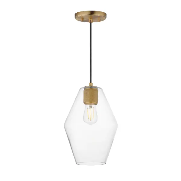 Crystalline clarity meets modern structure in the Geode collection. Inspired by the faceted symmetry of natural mineral formations, each clear glass shade is cut in an angular form that plays with light and shadow. The bold, geometric silhouette feels effortlessly architectural -- elevated further by subtle industrial notes like knurled screw collars and diamond shaped tubing on bath configurations. Offered in a range of sizes and finishes, Geode brings sculptural interest to kitchens, bathrooms, and dining rooms as well as statement-making entryways. Collection: Geode Finish: Natural Aged Brass Glass: Clear Width: 8.70" Height: 13.00" Weight: 2.70 lb Wire: 120" Canopy: 5"x5"x0.7" Number of Bulbs: 1 Maximum Wattage: 60.00 W Bulb Type: A19 Bulb Base: E26 Medium Light Source: Incandescent Voltage: 120.00 V Material: Steel, Glass Safety Listing: cULus Safety Rating: Dry Manufacturer Warranty: 3 Spec Sheet