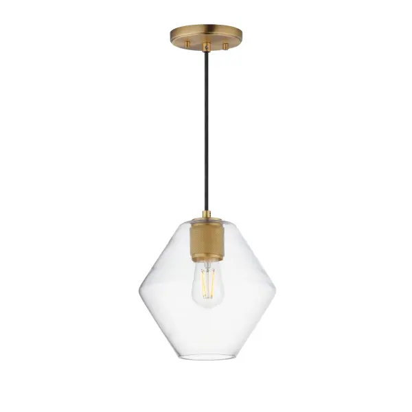 Crystalline clarity meets modern structure in the Geode collection. Inspired by the faceted symmetry of natural mineral formations, each clear glass shade is cut in an angular form that plays with light and shadow. The bold, geometric silhouette feels effortlessly architectural -- elevated further by subtle industrial notes like knurled screw collars and diamond shaped tubing on bath configurations. Offered in a range of sizes and finishes, Geode brings sculptural interest to kitchens, bathrooms, and dining rooms as well as statement-making entryways. Collection: Geode Finish: Natural Aged Brass Glass: Clear Width: 9.50" Height: 10.00" Weight: 2.90 lb Wire: 120" Canopy: 5"x5"x0.7" Number of Bulbs: 1 Maximum Wattage: 60.00 W Bulb Type: A19 Bulb Base: E26 Medium Light Source: Incandescent Voltage: 120.00 V Material: Steel, Glass Safety Listing: cULus Safety Rating: Dry Manufacturer Warranty: 3 Spec Sheet
