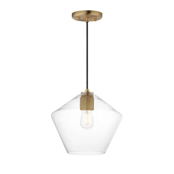 Crystalline clarity meets modern structure in the Geode collection. Inspired by the faceted symmetry of natural mineral formations, each clear glass shade is cut in an angular form that plays with light and shadow. The bold, geometric silhouette feels effortlessly architectural -- elevated further by subtle industrial notes like knurled screw collars and diamond shaped tubing on bath configurations. Offered in a range of sizes and finishes, Geode brings sculptural interest to kitchens, bathrooms, and dining rooms as well as statement-making entryways. Collection: Geode Finish: Natural Aged Brass Glass: Clear Width: 11.75" Height: 10.75" Weight: 3.30 lb Wire: 120" Canopy: 5"x5"x0.7" Number of Bulbs: 1 Maximum Wattage: 60.00 W Bulb Type: A19 Bulb Base: E26 Medium Light Source: Incandescent Voltage: 120.00 V Material: Steel, Glass Safety Listing: cULus Safety Rating: Dry Manufacturer Warranty: 3 Spec Sheet