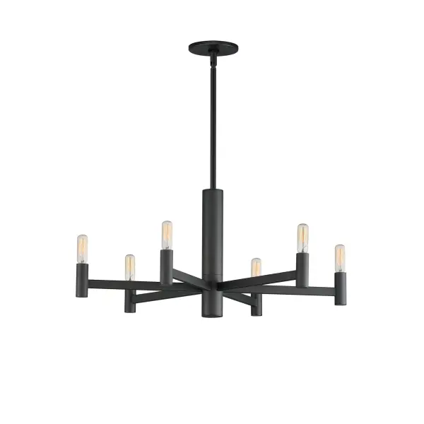 Straight extensions of rectilinear arms emanate from a cylindrical center housing in this transitional design. The candelabra is made in a corresponding cylindrical form playing into the geometries of this streamlined chandelier design. Available in a textured sandy Black or Natural Aged Brass, this collection pairs well with many design aesthetics at an economical price point. Use tubular lamps for an industrial or more modern aesthetic or torpedo shape for an update to the conventional chandelier design.