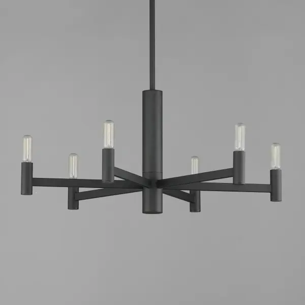 Straight extensions of rectilinear arms emanate from a cylindrical center housing in this transitional design. The candelabra is made in a corresponding cylindrical form playing into the geometries of this streamlined chandelier design. Available in a textured sandy Black or Natural Aged Brass, this collection pairs well with many design aesthetics at an economical price point. Use tubular lamps for an industrial or more modern aesthetic or torpedo shape for an update to the conventional chandelier design. - alternate view