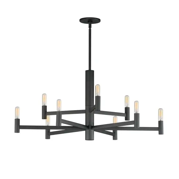 Straight extensions of rectilinear arms emanate from a cylindrical center housing in this transitional design. The candelabra is made in a corresponding cylindrical form playing into the geometries of this streamlined chandelier design. Available in a textured sandy Black or Natural Aged Brass, this collection pairs well with many design aesthetics at an economical price point. Use tubular lamps for an industrial or more modern aesthetic or torpedo shape for an update to the conventional chandelier design.