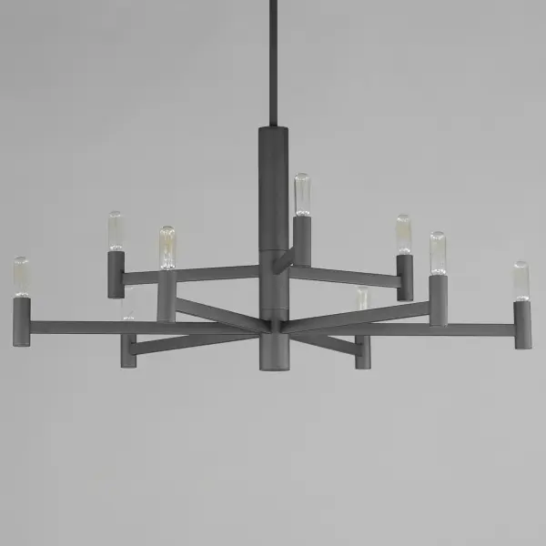 Straight extensions of rectilinear arms emanate from a cylindrical center housing in this transitional design. The candelabra is made in a corresponding cylindrical form playing into the geometries of this streamlined chandelier design. Available in a textured sandy Black or Natural Aged Brass, this collection pairs well with many design aesthetics at an economical price point. Use tubular lamps for an industrial or more modern aesthetic or torpedo shape for an update to the conventional chandelier design. - alternate view