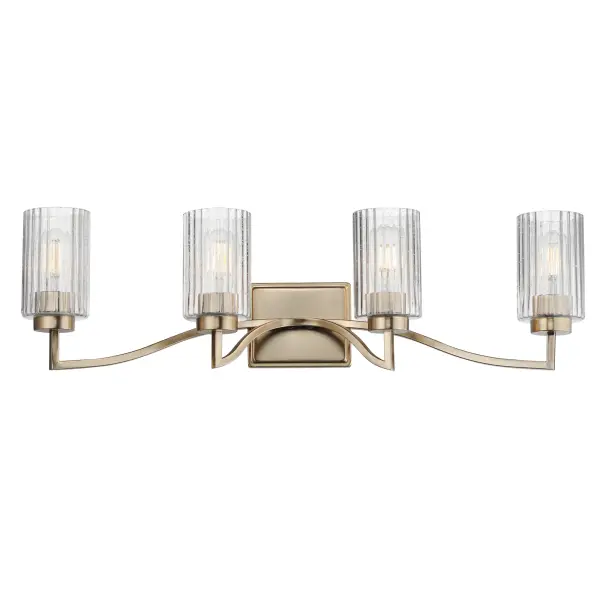Clear Ribbed glass cylinders are supported on gracefully sweeping frames. The glass pattern helps to diffuse the light source while adding texture and style to the design. Available in Polished Nickel, Satin Champagne, or Matte Black. Collection: Rigata Finish: Satin Champagne Glass: Clear Ribbed Width: 32.25" Height: 9.00" Weight: 8.60 lb Extension from Wall: 5.75" Wire: 8" Canopy: 5"x6" Number of Bulbs: 4 Maximum Wattage: 60.00 W Bulb Type: A19 Bulb Base: E26 Medium Light Source: Incandescent Dimmable Voltage: 120.00 V Material: Steel, Glass Safety Listing: cULus Safety Rating: Damp Manufacturer Warranty: 3 Spec Sheet Instructions