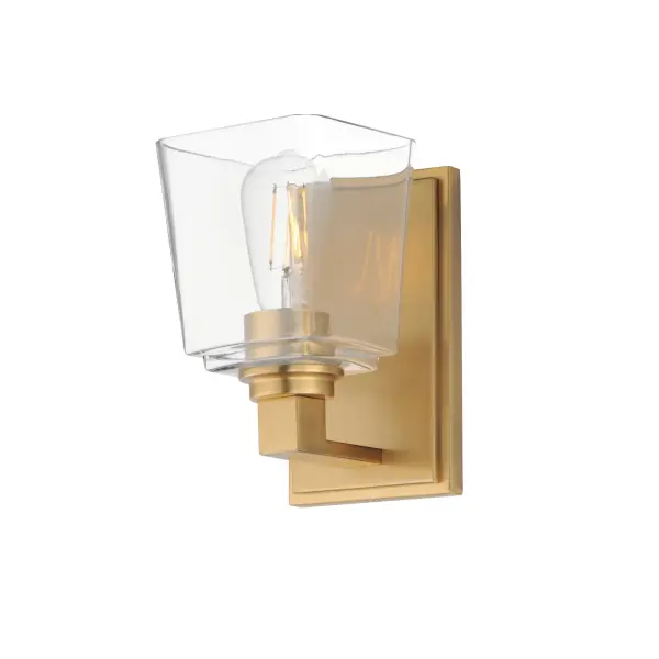A composition of square forms that feature a Clear tapered square glass shade, these bath vanities provide a transitional design that suits both modern and traditional spaces. Available in Matte Black, Polished Chrome, Satin Nickel, and Natural Aged Brass. Collection: Cubos Finish: Natural Aged Brass Glass: Clear Width: 4.75" Height: 8.00" Weight: 2.60 lb Extension from Wall: 6.00" Wire: 8" Canopy: 7.75"x4.75" Number of Bulbs: 1 Maximum Wattage: 60.00 W Bulb Type: A19 Bulb Base: E26 Medium Light Source: Incandescent Dimmable Voltage: 120.00 V Material: Steel, Glass Safety Listing: cULus Safety Rating: Damp Manufacturer Warranty: 3 Spec Sheet Instructions