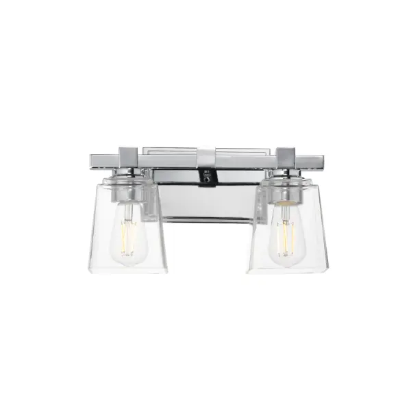 A composition of square forms that feature a Clear tapered square glass shade, these bath vanities provide a transitional design that suits both modern and traditional spaces. Available in Matte Black, Polished Chrome, Satin Nickel, and Natural Aged Brass. Collection: Cubos Finish: Polished Chrome Glass: Clear Width: 14.00" Height: 8.00" Weight: 4.10 lb Extension from Wall: 6.00" Wire: 8" Canopy: 4.75"x7.75" Number of Bulbs: 2 Maximum Wattage: 60.00 W Bulb Type: A19 Bulb Base: E26 Medium Light Source: Incandescent Dimmable Voltage: 120.00 V Material: Steel, Glass Safety Listing: cULus Safety Rating: Damp Manufacturer Warranty: 3 Spec Sheet Instructions