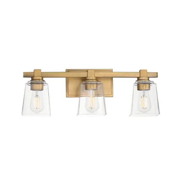 A composition of square forms that feature a Clear tapered square glass shade, these bath vanities provide a transitional design that suits both modern and traditional spaces. Available in Matte Black, Polished Chrome, Satin Nickel, and Natural Aged Brass. Collection: Cubos Finish: Natural Aged Brass Glass: Clear Width: 22.25" Height: 8.00" Weight: 6.30 lb Extension from Wall: 6.00" Wire: 8" Canopy: 4.75"x7.75" Number of Bulbs: 3 Maximum Wattage: 60.00 W Bulb Type: A19 Bulb Base: E26 Medium Light Source: Incandescent Dimmable Voltage: 120.00 V Material: Steel, Glass Safety Listing: cULus Safety Rating: Damp Manufacturer Warranty: 3 Spec Sheet Instructions