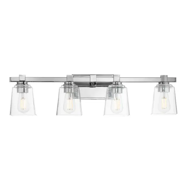 A composition of square forms that feature a Clear tapered square glass shade, these bath vanities provide a transitional design that suits both modern and traditional spaces. Available in Matte Black, Polished Chrome, Satin Nickel, and Natural Aged Brass. Collection: Cubos Finish: Polished Chrome Glass: Clear Width: 30.75" Height: 8.00" Weight: 8.60 lb Extension from Wall: 6.00" Wire: 8" Canopy: 4.75"x7.75" Number of Bulbs: 4 Maximum Wattage: 60.00 W Bulb Type: A19 Bulb Base: E26 Medium Light Source: Incandescent Dimmable Voltage: 120.00 V Material: Steel, Glass Safety Listing: cULus Safety Rating: Damp Manufacturer Warranty: 3 Spec Sheet Instructions