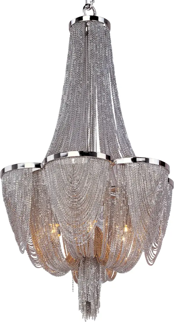 Chantilly collection features metal frames gracefully draped with Nickel finished jewelry chain. Metal trim rings of Polished Nickel add sharp contrast to the softness of the chain, which conceals the xenon light source.