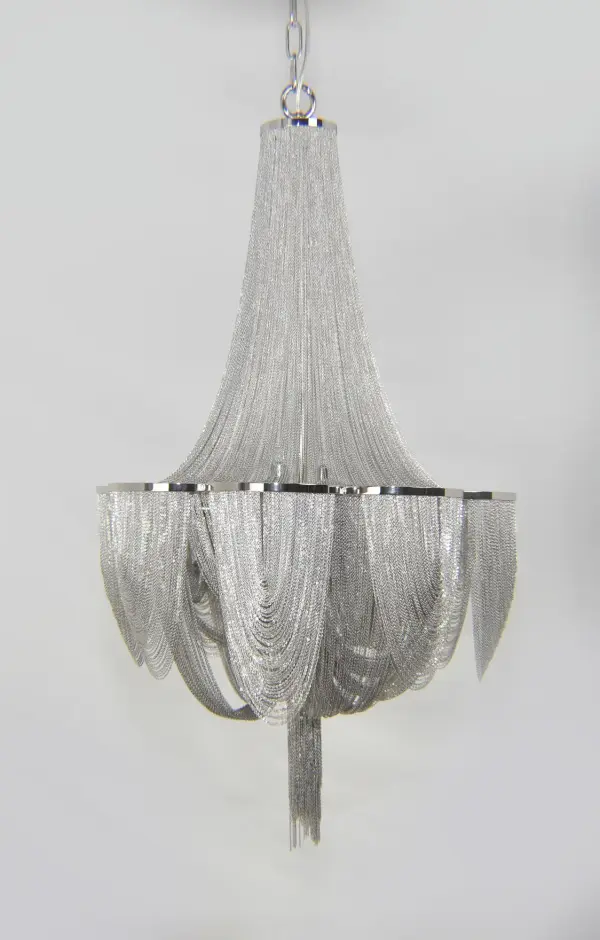 Chantilly collection features metal frames gracefully draped with Nickel finished jewelry chain. Metal trim rings of Polished Nickel add sharp contrast to the softness of the chain, which conceals the xenon light source. - alternate view