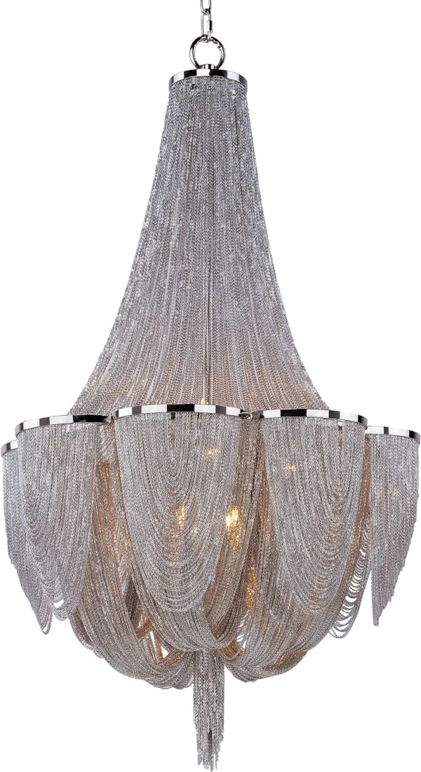 Chantilly collection features metal frames gracefully draped with Nickel finished jewelry chain. Metal trim rings of Polished Nickel add sharp contrast to the softness of the chain, which conceals the xenon light source.