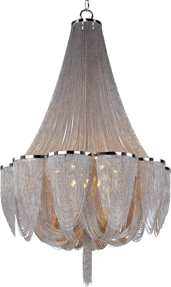 Chantilly collection features metal frames gracefully draped with Nickel finished jewelry chain. Metal trim rings of Polished Nickel add sharp contrast to the softness of the chain, which conceals the xenon light source.