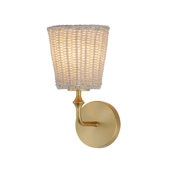 Featuring wicker shades made of synthetic rattan, this bath vanity lighting collection brings an elegant coastal flair to your space. Choose from a Natural wicker finish with a Dark Bronze frame accented by brushed golden highlights, or a Weathered White rattan with a Natural Aged Brass frame for a timelessly elegant composition. Collection: Baja Finish: Natural Aged Brass Width: 6.00" Height: 11.75" Weight: 2.20 lb Extension from Wall: 7.50" Wire: 8" Canopy: 4.75"x4.75" Number of Bulbs: 1 Maximum Wattage: 60.00 W Bulb Type: A19 Bulb Base: E26 Medium Light Source: Incandescent Dimmable Voltage: 120.00 V Material: Steel, Rattan Safety Listing: cULus Safety Rating: Damp Spec Sheet Instructions