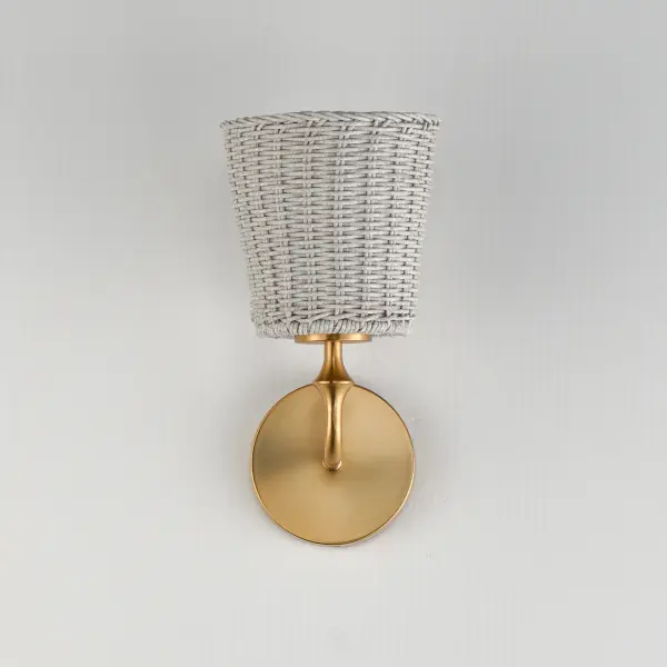 Featuring wicker shades made of synthetic rattan, this bath vanity lighting collection brings an elegant coastal flair to your space. Choose from a Natural wicker finish with a Dark Bronze frame accented by brushed golden highlights, or a Weathered White rattan with a Natural Aged Brass frame for a timelessly elegant composition. Collection: Baja Finish: Natural Aged Brass Width: 6.00" Height: 11.75" Weight: 2.20 lb Extension from Wall: 7.50" Wire: 8" Canopy: 4.75"x4.75" Number of Bulbs: 1 Maximum Wattage: 60.00 W Bulb Type: A19 Bulb Base: E26 Medium Light Source: Incandescent Dimmable Voltage: 120.00 V Material: Steel, Rattan Safety Listing: cULus Safety Rating: Damp Spec Sheet Instructions - alternate view