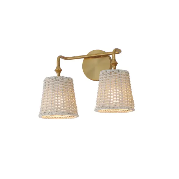Featuring wicker shades made of synthetic rattan, this bath vanity lighting collection brings an elegant coastal flair to your space. Choose from a Natural wicker finish with a Dark Bronze frame accented by brushed golden highlights, or a Weathered White rattan with a Natural Aged Brass frame for a timelessly elegant composition. Collection: Baja Finish: Natural Aged Brass Width: 14.75" Height: 10.25" Weight: 3.00 lb Extension from Wall: 7.50" Wire: 8" Canopy: 4.75"x4.75" Number of Bulbs: 2 Maximum Wattage: 60.00 W Bulb Type: A19 Bulb Base: E26 Medium Light Source: Incandescent Dimmable Voltage: 120.00 V Material: Steel, Rattan Safety Listing: cULus Safety Rating: Damp Spec Sheet Instructions