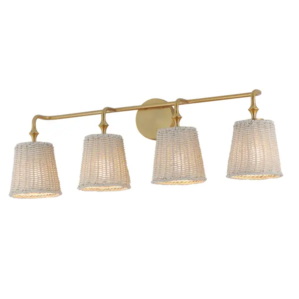 Featuring wicker shades made of synthetic rattan, this bath vanity lighting collection brings an elegant coastal flair to your space. Choose from a Natural wicker finish with a Dark Bronze frame accented by brushed golden highlights, or a Weathered White rattan with a Natural Aged Brass frame for a timelessly elegant composition. Collection: Baja Finish: Natural Aged Brass Width: 33.25" Height: 10.25" Weight: 4.80 lb Extension from Wall: 7.50" Wire: 8" Canopy: 4.75"x4.75" Number of Bulbs: 4 Maximum Wattage: 60.00 W Bulb Type: A19 Bulb Base: E26 Medium Light Source: Incandescent Dimmable Voltage: 120.00 V Material: Steel, Rattan Safety Listing: cULus Safety Rating: Damp Spec Sheet Instructions