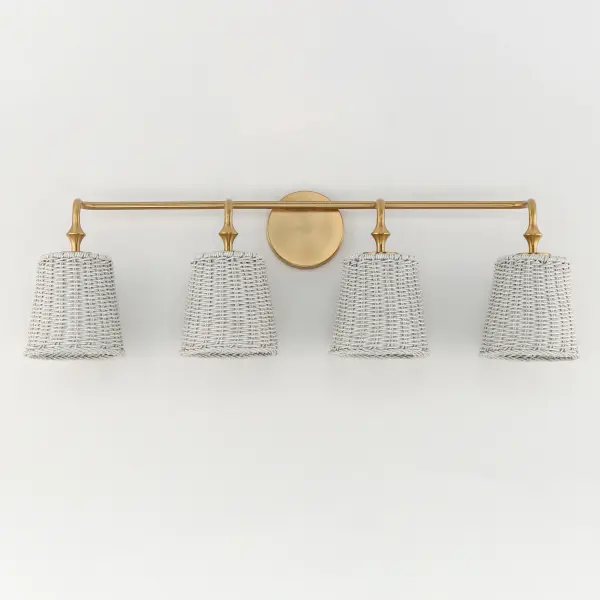 Featuring wicker shades made of synthetic rattan, this bath vanity lighting collection brings an elegant coastal flair to your space. Choose from a Natural wicker finish with a Dark Bronze frame accented by brushed golden highlights, or a Weathered White rattan with a Natural Aged Brass frame for a timelessly elegant composition. Collection: Baja Finish: Natural Aged Brass Width: 33.25" Height: 10.25" Weight: 4.80 lb Extension from Wall: 7.50" Wire: 8" Canopy: 4.75"x4.75" Number of Bulbs: 4 Maximum Wattage: 60.00 W Bulb Type: A19 Bulb Base: E26 Medium Light Source: Incandescent Dimmable Voltage: 120.00 V Material: Steel, Rattan Safety Listing: cULus Safety Rating: Damp Spec Sheet Instructions - alternate view