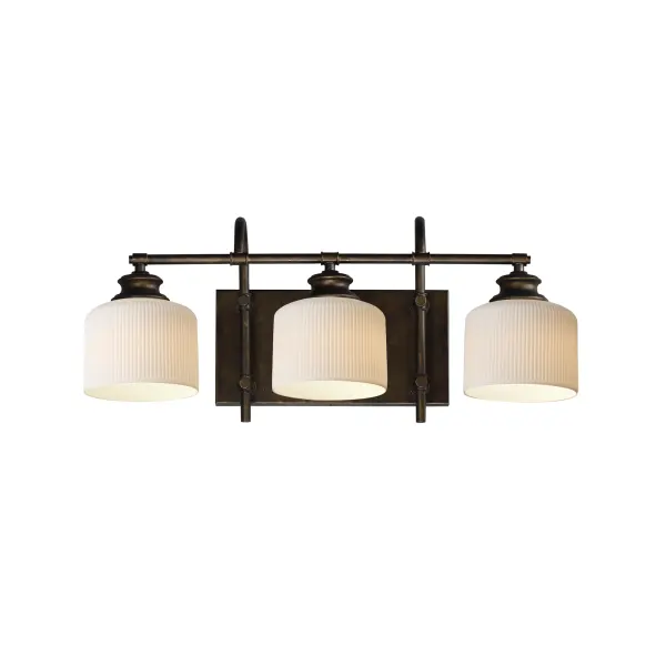 Ribbed ceramic shades are gracefully suspended on classic arching tube frames, creating a timeless yet modern design. The matte bisque-fired ceramic is translucent softly diffuses light while highlighting the ribbed raised pattern. Available in elegant finishes, choose from Natural Aged Brass, Oil Rubbed Bronze, or Polished Nickel frames to complement your space. Collection: Bisque Finish: Oil Rubbed Bronze Glass: White Width: 24.00" Height: 10.00" Weight: 6.38 lb Extension from Wall: 9.00" Wire: 8" Canopy: 6"x12" Number of Bulbs: 3 Maximum Wattage: 60.00 W Bulb Base: E26 Medium Light Source: Incandescent Dimmable Voltage: 120.00 V Material: Steel, Glass Safety Listing: cETLus Safety Rating: Damp Spec Sheet Instructions