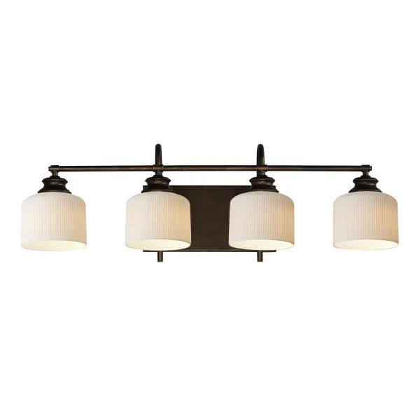 Ribbed ceramic shades are gracefully suspended on classic arching tube frames, creating a timeless yet modern design. The matte bisque-fired ceramic is translucent softly diffuses light while highlighting the ribbed raised pattern. Available in elegant finishes, choose from Natural Aged Brass, Oil Rubbed Bronze, or Polished Nickel frames to complement your space. Collection: Bisque Finish: Oil Rubbed Bronze Glass: White Width: 32.00" Height: 10.00" Weight: 7.48 lb Extension from Wall: 9.00" Wire: 8" Canopy: 6"x12" Number of Bulbs: 4 Maximum Wattage: 60.00 W Bulb Base: E26 Medium Light Source: Incandescent Dimmable Voltage: 120.00 V Material: Steel, Glass Safety Listing: cETLus Safety Rating: Damp Spec Sheet Instructions