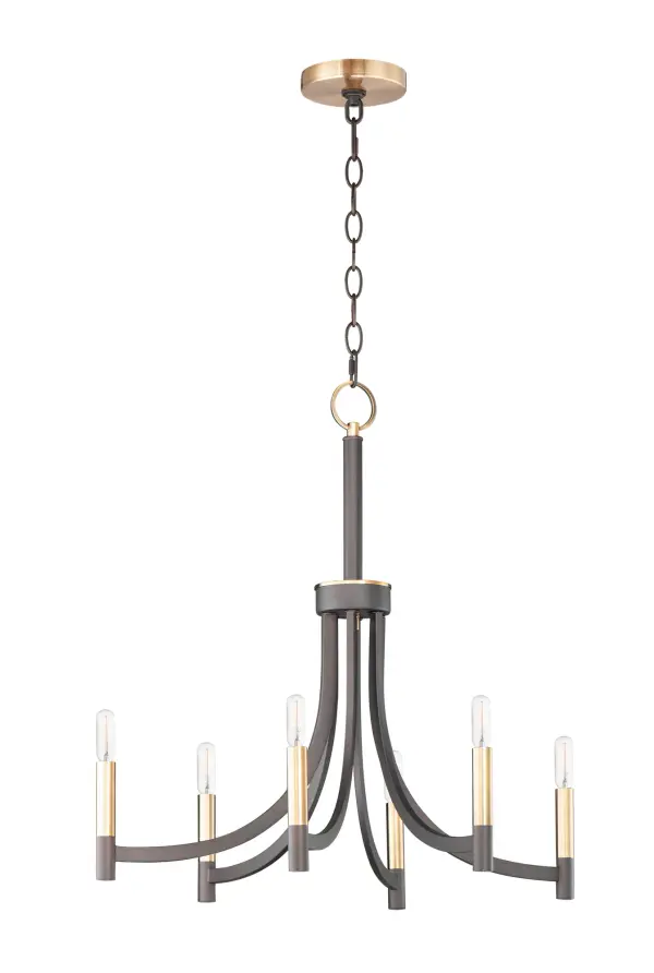 This transitional style chandelier collection features sweeping rectangular arms that transitions to a simple tubular candles. Available in Bronze with Antique Brass accents or all Satin Nickel for a more modern approach.