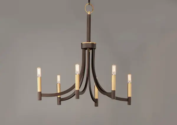 This transitional style chandelier collection features sweeping rectangular arms that transitions to a simple tubular candles. Available in Bronze with Antique Brass accents or all Satin Nickel for a more modern approach. - alternate view