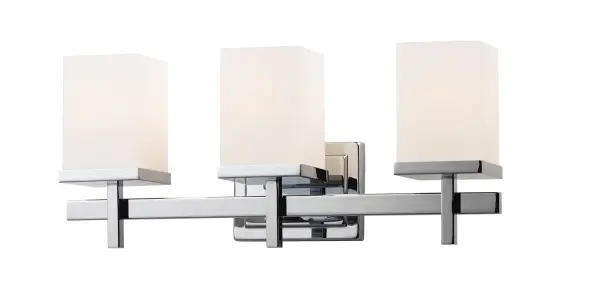 Square glass shades ride upon a rectangular bar to create geometry at its best. Available in Polished Chrome with Satin White glass and Satin Nickel and white Linen glass. Collection: Tetra Finish: Polished Chrome Glass: Satin White Width: 22.00" Height: 9.00" Weight: 5.50 lb Extension from Wall: 6.00" Canopy: 4.75"x6.5" Number of Bulbs: 3 Maximum Wattage: 60.00 W Bulb Type: A19 Bulb Base: E26 Medium Light Source: Incandescent Dimmable Voltage: 120.00 V Material: Steel, Glass Safety Listing: cETLus Safety Rating: Damp Manufacturer Warranty: 1 Spec Sheet Instructions Parts Diagram