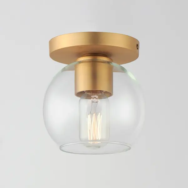 Clear glass globes on a Natural Aged Brass frame create a transitional design that is sure to please. The sloping arms level out to create a simple Mid Century Modern configuration. A full range of the products in this collection include chandeliers, pendants, flush mounts, and sconces. Collection: Knox Finish: Natural Aged Brass Glass: Clear Width: 6.00" Height: 6.50" Length: 6.00" Weight: 1.30 lb Wire: 8" Canopy: 5"x5"x0.75" Number of Bulbs: 1 Maximum Wattage: 60.00 W Bulb Type: E26 Bulb Base: E26 Medium Light Source: Incandescent Dimmable Voltage: 120.00 V Material: Steel,Glass Safety Listing: cETLus Safety Rating: Dry Manufacturer Warranty: 2 Spec Sheet Instructions - alternate view