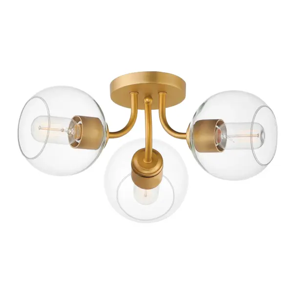 Clear glass globes on a Natural Aged Brass frame create a transitional design that is sure to please. The sloping arms level out to create a simple Mid Century Modern configuration. A full range of the products in this collection include chandeliers, pendants, flush mounts, and sconces. Collection: Knox Finish: Natural Aged Brass Glass: Clear Width: 18.00" Height: 7.50" Length: 18.00" Weight: 3.30 lb Wire: 8" Canopy: 5"x5"x0.75" Number of Bulbs: 3 Maximum Wattage: 60.00 W Bulb Type: E26 Bulb Base: E26 Medium Light Source: Incandescent Dimmable Voltage: 120.00 V Material: Steel,Glass Safety Listing: cETLus Safety Rating: Dry Manufacturer Warranty: 2 Spec Sheet Instructions
