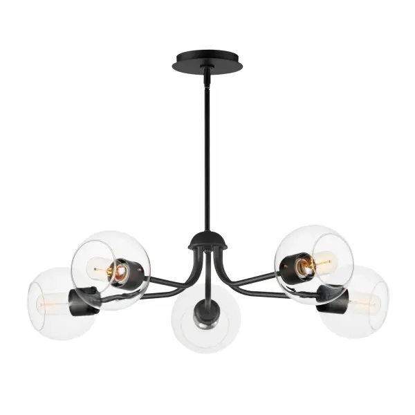 Clear glass globes on a Natural Aged Brass frame create a transitional design that is sure to please. The sloping arms level out to create a simple Mid Century Modern configuration. A full range of the products in this collection include chandeliers, pendants, flush mounts, and sconces.