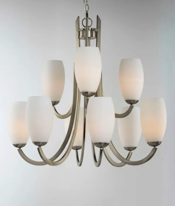 Heavy rectangular tubing support tall scale Satin White glass shades that creates an upscale forged look at a builder price.  Available in your choice of Textured Black or Satin Nickel, this collection is complete enough to do the entire home. - alternate view