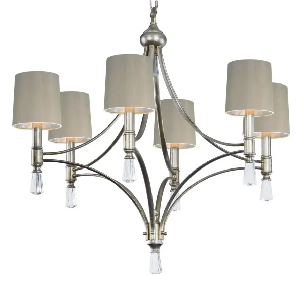 Sweeping arms from above and below create a graceful and elegant frame finished in our beautiful Gold Silver leaf.   Clear crystal glass fonts add class to this upscale design.  Optional Golden Sheen shades take the design to an even higher level.