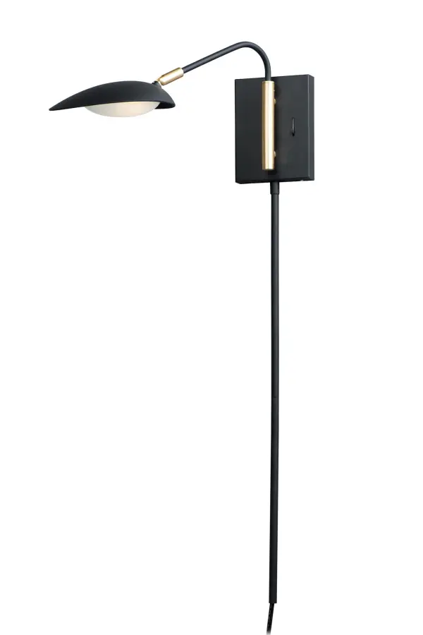 Inspired by Mid-Century Modern design, this collection features tapered hoods that conceal LED modules that can be adjusted to direct the light. The Black finish with contrasting Satin Brass accents softens the look to work in a broader range of design. The wall pin up lamps work great at bedside while the floor lamp version is at home next to a chair.