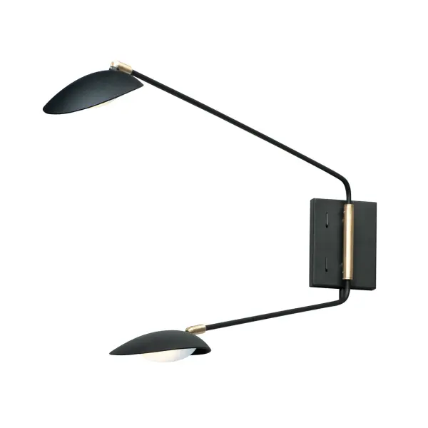 Inspired by Mid-Century Modern design, this collection features tapered hoods that conceal LED modules that can be adjusted to direct the light. The Black finish with contrasting Satin Brass accents softens the look to work in a broader range of design. The wall pin up lamps work great at bedside while the floor lamp version is at home next to a chair.