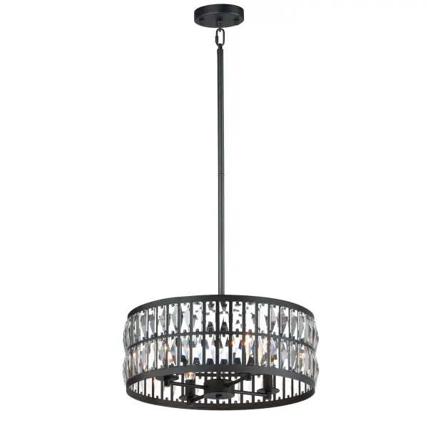 Rectilinear Beveled Crystals bejewel a Matte Black frame creates stark contrast to this radiantly prismatic display of light. The bound crystal is fixed to the frame to reduce time spent dressing the fixture.