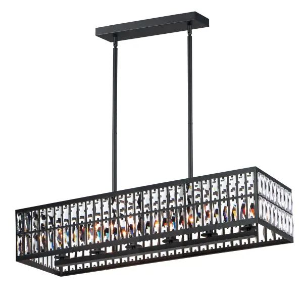 Rectilinear Beveled Crystals bejewel a Matte Black frame creates stark contrast to this radiantly prismatic display of light. The bound crystal is fixed to the frame to reduce time spent dressing the fixture.